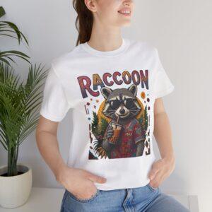 Raccoon Forest Tee — Retro Woodland Raccoon Drinking Coffee Graphic T-Shirt